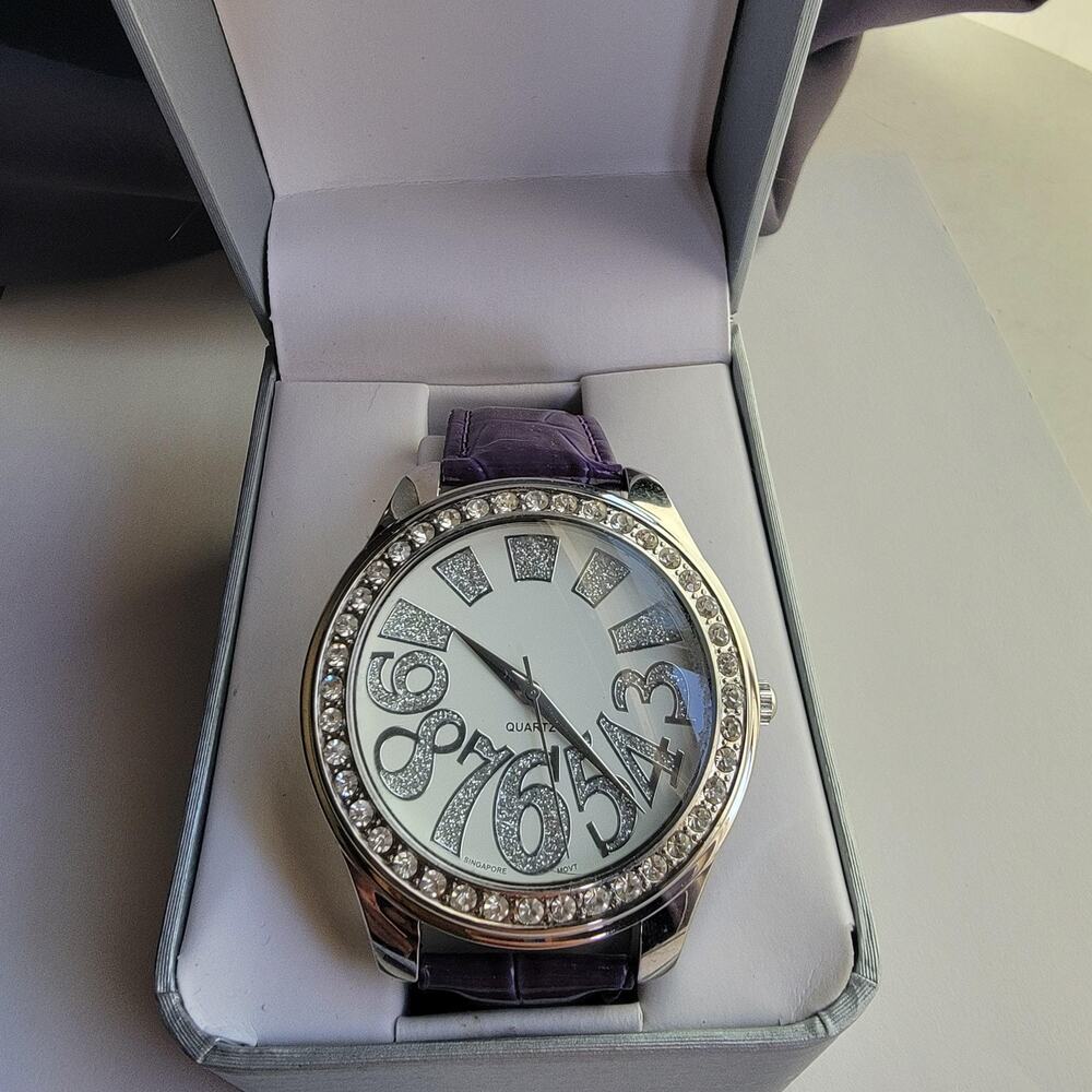 Womens Watch White Dial Crystal Gem Bezel Silver Case Purple Faux Strap Quartz